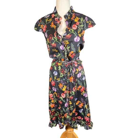 Who What Wear Shirt Dress Size Large Full Button Down 100% Cotton Black Floral - Picture 1 of 11